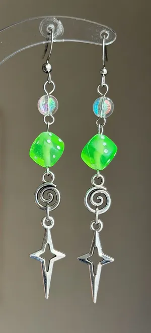 Handmade sparkle star & swirl & dice grunge y2k street style dangle earrings💫🌀💚 thumbnail 1
