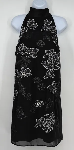 White House Black Market‎ Black Floral Sequin Halter Mock Neck Dress Small S P thumbnail 1