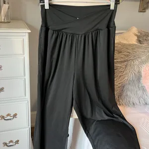 Wide Leg Pants Cross Over Waist Black Silky Stretchy Womens Medium Yoga thumbnail 6
