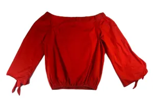 Free People Red Off the Shoulder Blouse Split Tie Cuff Top Womens Large thumbnail 1