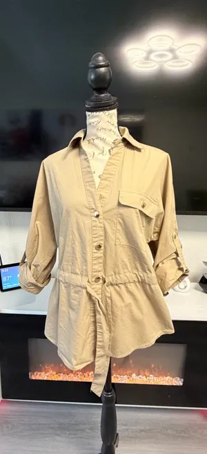 📌 TITLE Zara Khaki Tan Utility Drawstring Button Down Blouse Top XS thumbnail 3