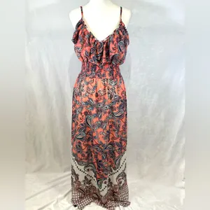 Pink and white paisley print boho smocked ruffle maxi dress size XL thumbnail 2