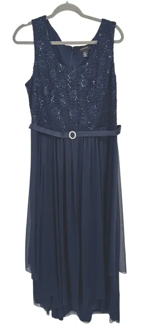 R&M Richards Gown 14 Navy‎ Blue Formal Sequin Lace Chiffon Maxi Evening Dress thumbnail 1