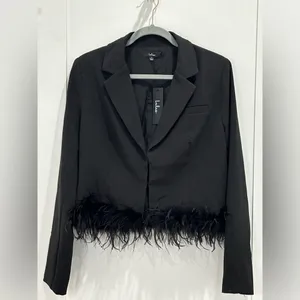 NWT Lulus Celebratory Sweetie Feather Crop Blazer Large Black Cocktail Party thumbnail 2