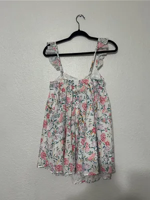 Ruffle-Strap Floral Mini Dress in White with Pink Floral thumbnail 3