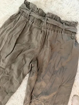 Olive Green Paper Bag Wide Leg Pants Medium Elastic Waist Tie Front thumbnail 7