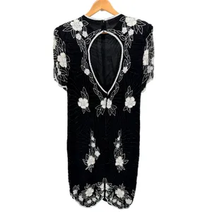 J.K. Laing Vintage Silk Beaded Floral Shift Dress Black White XL Keyhole‎ Back thumbnail 5