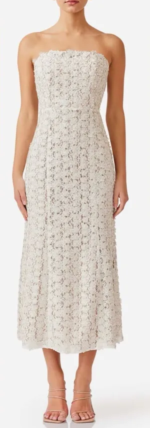 NEW ELLIATT Cali Strapless Lace Midi ivory gold Dress Sz XS thumbnail 1