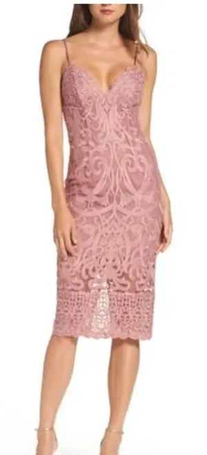 Bardot Gia Lace Pencil Midi Dress Spaghetti Strap Latte‎ Pink Embroidered L thumbnail 1