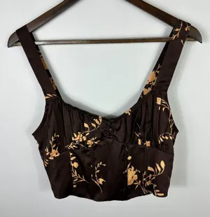 Isalis Corset Crop Top Womens Large‎ Brown Floral Satin Sleeveless Zipper Back thumbnail 1