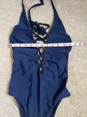Aerie Navy Blue Lace Up Deep Plunge One Piece Swimsuit. Size Small thumbnail 6