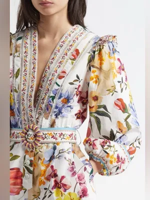 Farm Rio Greek Garden Long Sleeve Plunge Neck Cotton Romper S thumbnail 4