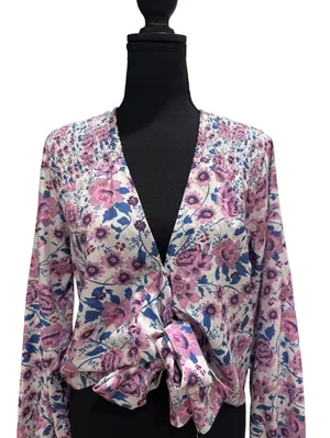 Lulus Floral Long Sleeve Tie Front Top Size M thumbnail 4