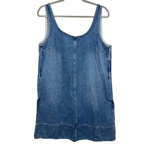 Madewell Denim Pinafore Dress Blue‎ Wash Sleeveless Side Zip Pockets Size L thumbnail 15