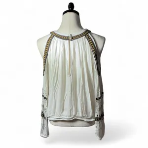 Free People Boho Embroidered Cold Shoulder Blouse Womens M Ivory Beaded Top thumbnail 2