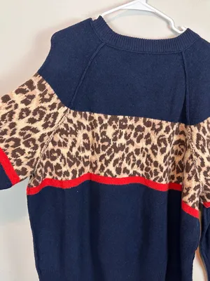 Aerie Navy Leopard Print Colorblock Sweater Crewneck Long Sleeve Pullover Large thumbnail 3