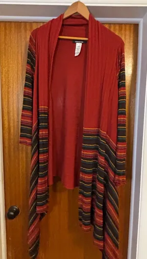 Jones New York Red Striped Open Front Handkerchief‎ Hem Cardigan Womens L/XL thumbnail 1