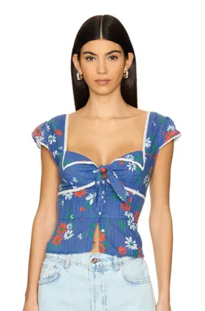 NEW Free People Call Me Baby Cap Sleeve Button-Up Shirt L BLUE QUARTZ - DAISY thumbnail 1