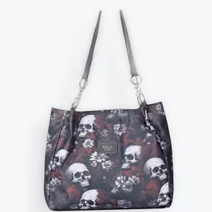 Gothic Edgy Black Skull & Red Floral Tote with Dual Straps thumbnail 4