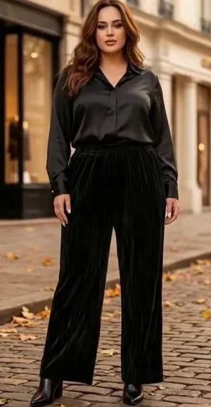 VTG Carole Little Black Crushed Velvet Wide Leg Pants Silk Blend 2X Made in USA thumbnail 1