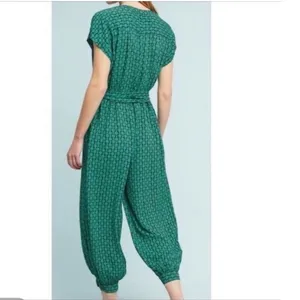 Maeve Geoscope Jumpsuit Small Green Blue Boho Graphic Print Button Front Belted thumbnail 3