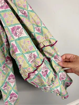 Karlie puff sleeve ruffle green pink block print floral blouse size large thumbnail 5