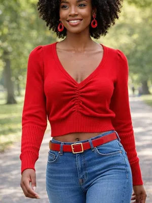 Vptianch Ribbed Red Long Cuff Sleeve V-Neck Ruched Women’s Large Top thumbnail 1