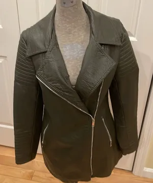 Love Token olive green vegan leather with faux fur removable collar moto jacket thumbnail 1