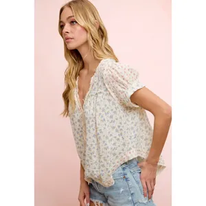 BiBi Floral Crinkle Neckdrop Short Sleeve‎ Blouse Top - Large thumbnail 6