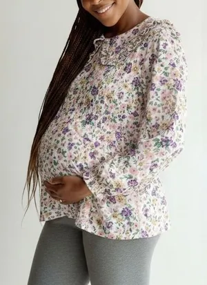 Pieces Maternity Smock‎ Top L Multicolor Floral Smocked Ruffle Collar Romantic thumbnail 1