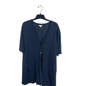 J Jill Women Blue Linen Blend Open Knit Cardigan Sweater Minimalist L Summer thumbnail 4