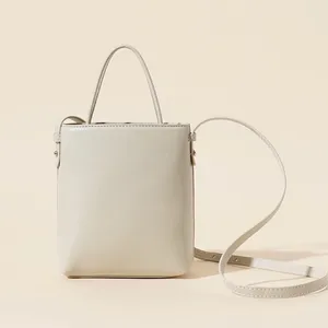 Cream Ivory Leather Minimalistic Two-way Bucket Small Crossbody Handbag thumbnail 1