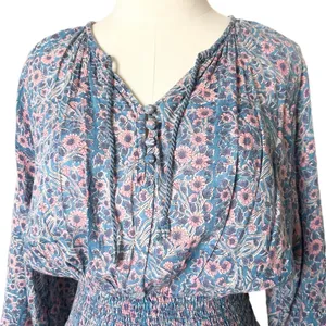 Cleobella Blue Pink Floral Cotton Smocked Mini Dress Size Medium Boho Tiered thumbnail 3