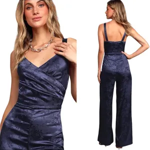 NWT Lulus Sleek Sensation Navy Blue Jacquard Floral Satin Jumpsuit Size Medium thumbnail 9