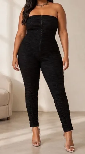 I.AM.GIA Ophelia Black Ruched Mesh Stretch Slim Glam Clubwear Strapless Jumpsuit thumbnail 1