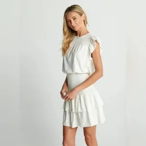 Anthropologie Sundays White Smocked Mini Dress Cotton Ruffle Sleeve - Size M thumbnail 3