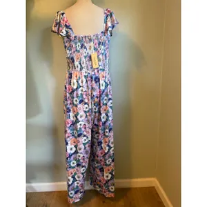 Ekouaer Floral Smocked Jumpsuit XL Purple Pink Wide Leg ruffle NWT cottage boho resort y thumbnail 2