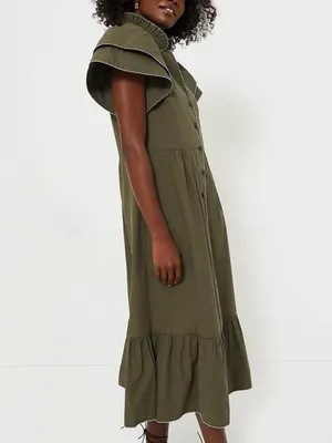 Tuckernuck Alice Ruffle Sleeve Midi Dress in Olive Green thumbnail 2