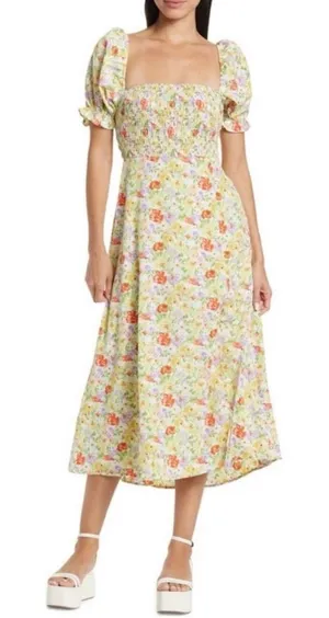 ASTR Floral Puff Sleeve Smocked Midi Dress Cottagecore Square Neck Wedding Guest thumbnail 1