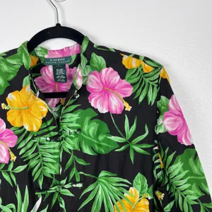 Lauren Ralph Lauren Womens Linen Floral Blouse Mandarin Collar‎ Frog Closure L thumbnail 3