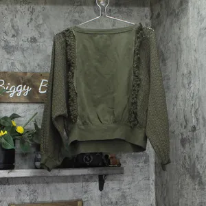 Free People Fringe Pullover Cropped Sweater Cotton Dolman Sleeve Green XS thumbnail 2
