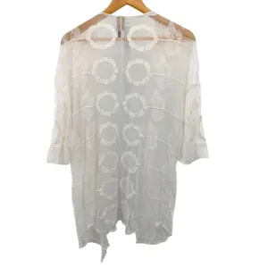 XCVI White Floral Lace Mesh Open Front Kimono Cardigan Embroidered Boho Coastal‎ thumbnail 7