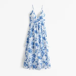 Abercrombie & Fitch Tiered Ruffle Maxi Dress Small White Blue Sundress Tie Back thumbnail 2