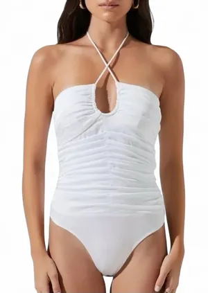 ASTR The Label Shayne Ruched Halter Bodysuit Women M White Keyhole Going Out thumbnail 1
