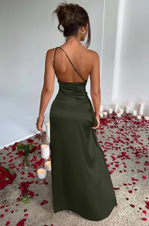 OYS Army Green One Shoulder Satin High Slit Maxi Dress NWT Small thumbnail 2
