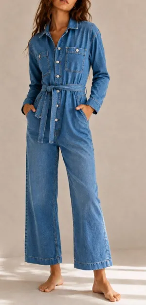 Madewell Denim Tie Waist Jumpsuit Medium Wash Blue S thumbnail 1