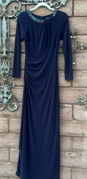 Ralph Lauren Evening Gown Dress Beaded Necklace Long Sleeve Maxi Purple Size 4 thumbnail 1