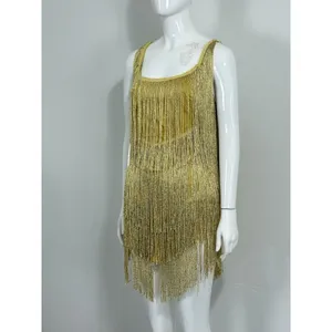 Women’s Yellow Gold Flapper Fringe Gypsy Mini Dress Low Back Party Dance Size S thumbnail 3