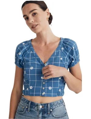 Madewell embroidered puff sleeve crop top in windowpane size 10 thumbnail 1