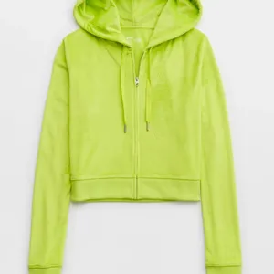 Aerie Real Good Neon Lime Green Velour Cropped Zip Up Hoodie Medium thumbnail 8